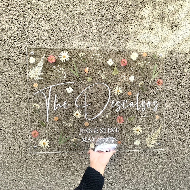 acrylic pressed flower wedding welcome sign